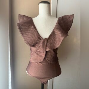 Johanna Ortiz Brown Ruffle Sleeve Swimsuit
